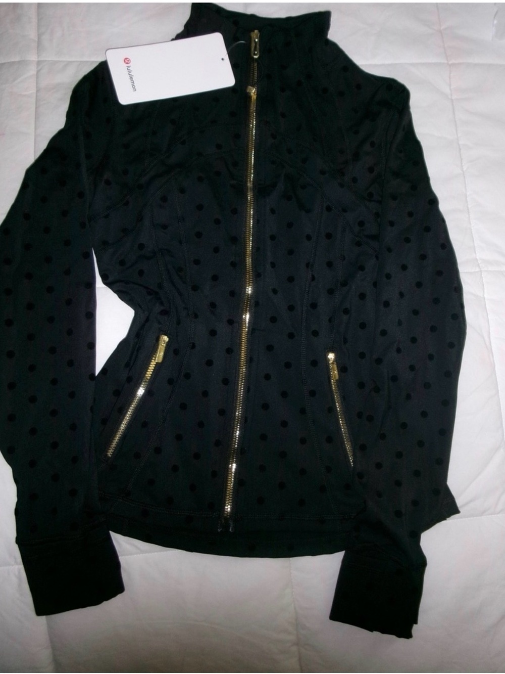 lululemon athletica Black Polka Dot Bomber Jacket with Gold Zippers